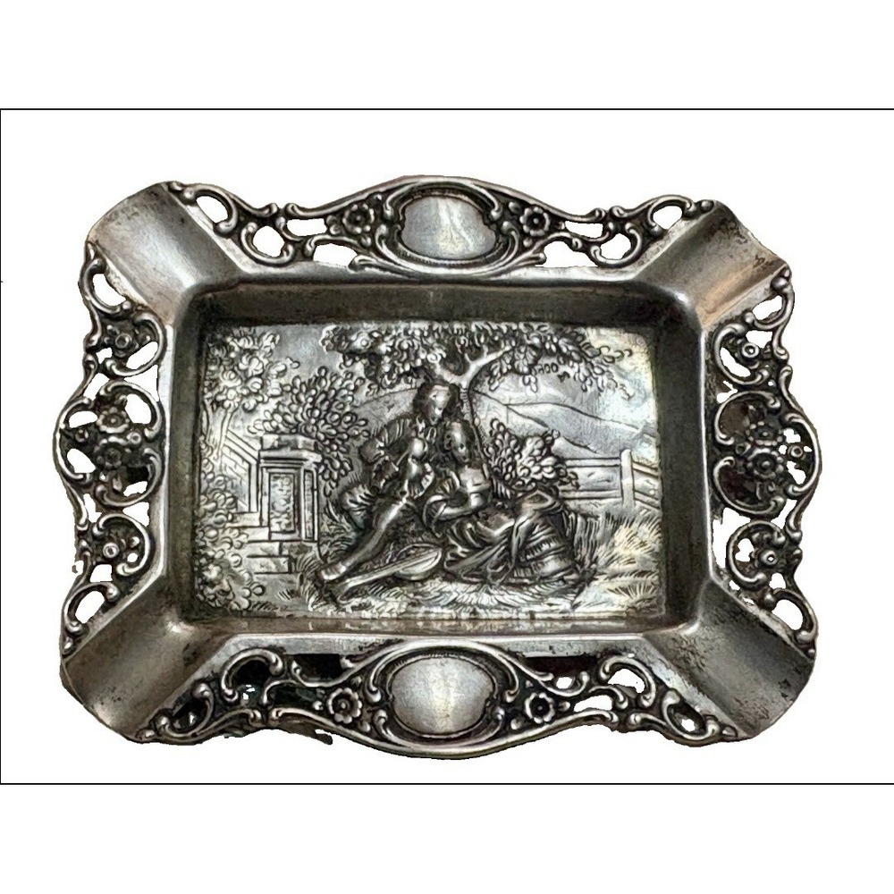 Vintage Antique Sterling Silver Repoussé Ashtray Dutch Lover Courting Garden 44g